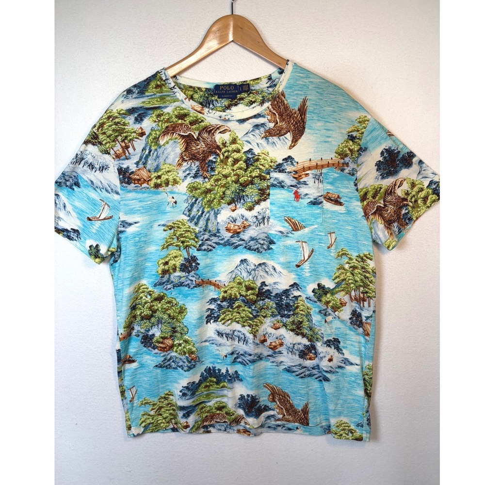 Polo Ralph Lauren T-Shirt Mens Large Blue Excellent Scenic Eagle Print Pocket